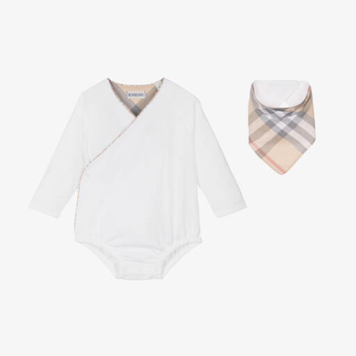 Burberry-طقم أفرول قطن لون أبيض | Childrensalon Outlet