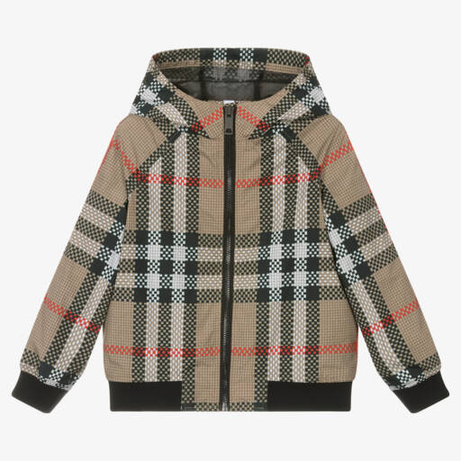 Burberry-معطف بغطاء رأس بنقشة مربعات بلون رملي للأولاد | Childrensalon Outlet