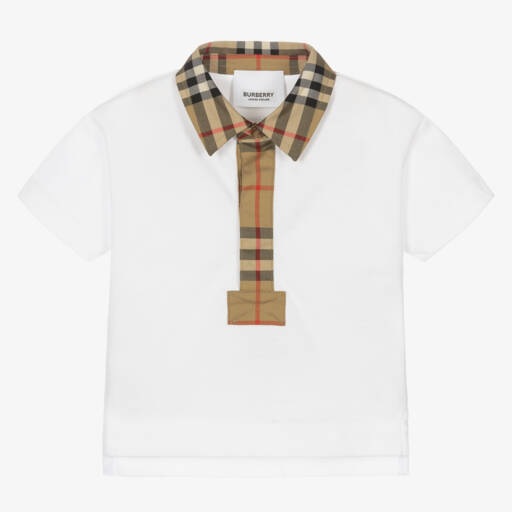 Burberry-Boys White Cotton Check Polo | Childrensalon Outlet