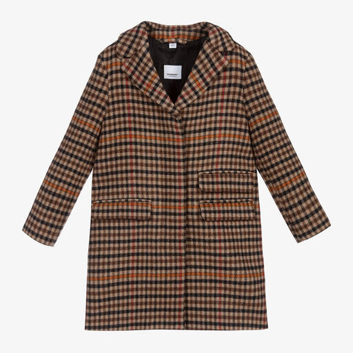 Burberry-Manteau marron à carreaux en laine  | Childrensalon Outlet