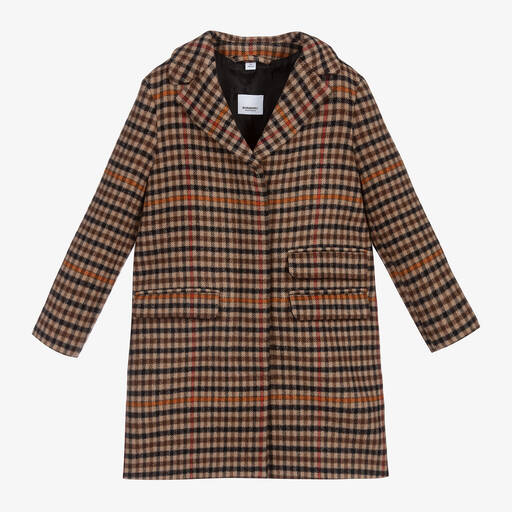 Burberry-Коричневое шерстяное пальто в клетку  | Childrensalon Outlet