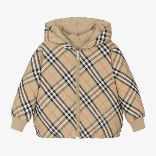 Burberry-جاكيت كاروهات بوجهين مبطن بالريش لون بيج للبنات | Childrensalon Outlet