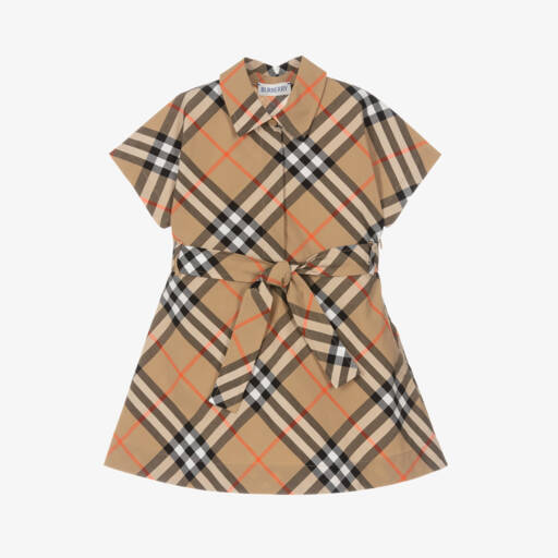 Burberry-فستان قطني بنقشة مربعات بيج للبنات | Childrensalon Outlet