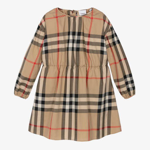 Burberry-فستان بناتي بيج من قماش البوبلين بنقشة المربعات | Childrensalon Outlet