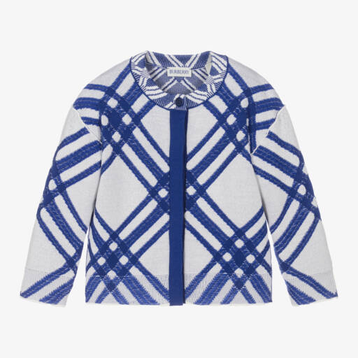 Burberry-كارديغان كاروهات صوف لون أبيض وأزرق للبنات | Childrensalon Outlet