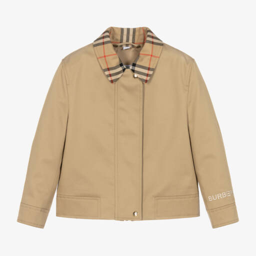 Burberry-Girls Checked Beige Gabardine Coat | Childrensalon Outlet