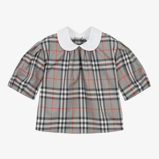 Burberry-بلوزة قطنية رمادية بنقشة مربعات للبنات | Childrensalon Outlet