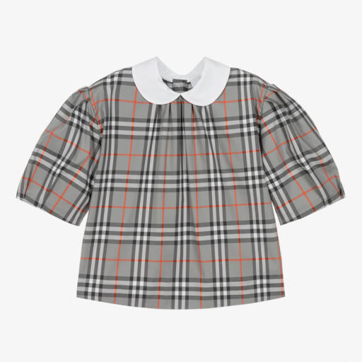 Burberry-Серая хлопковая топ для девочек в клетку с эластичностью | Childrensalon Outlet