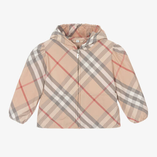Burberry-Girls Hooded Beige Check Jacket | Childrensalon Outlet