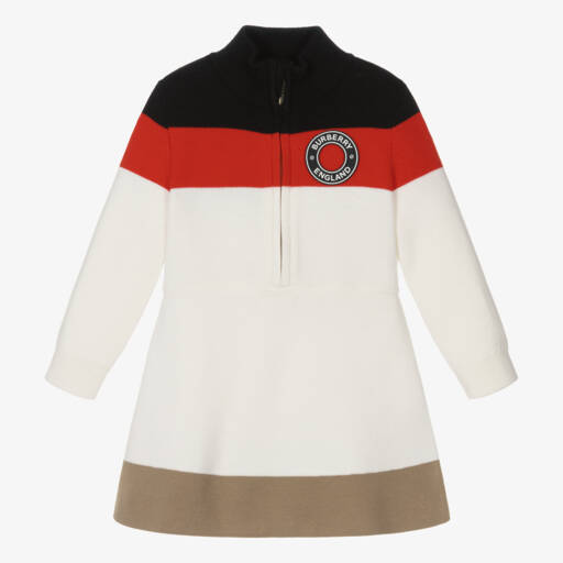 Burberry-Girls Ivory-Red Merino Stripe Dress | Childrensalon Outlet