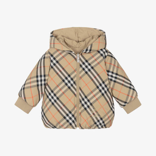 Burberry-جاكيت أطفال بناتي كاروهات بوجهين مبطن بالريش لون بيج | Childrensalon Outlet