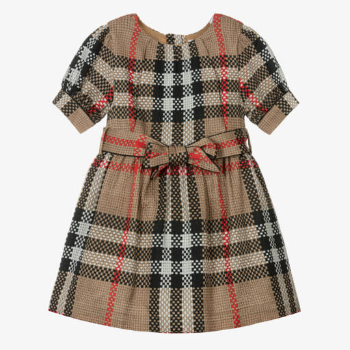 Burberry-Girls Silk Checked Beige Dress | Childrensalon Outlet