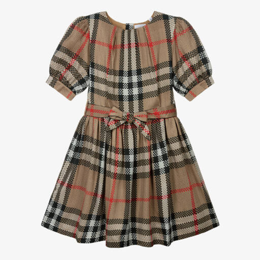 Burberry-Шелковое клетчатое бежевое платье для девочек | Childrensalon Outlet