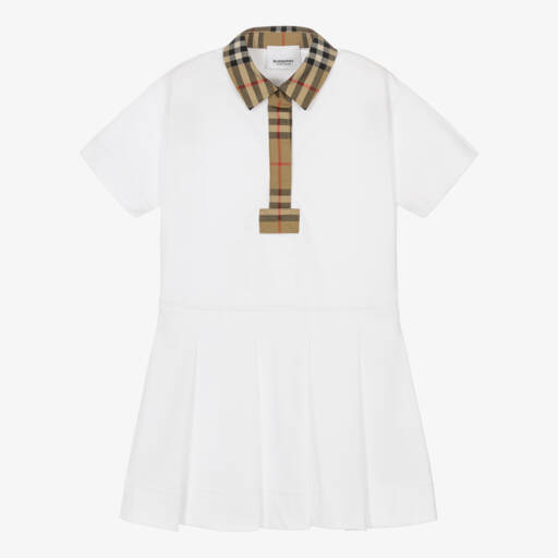 Burberry-فستان بولو قطني أبيض للبنات | Childrensalon Outlet