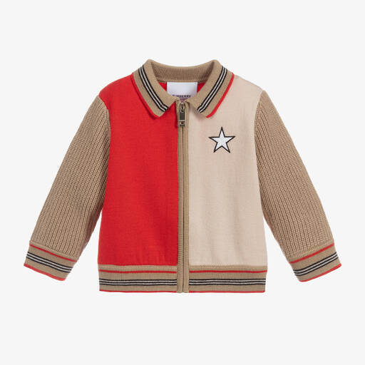 Burberry-Veste zippée rouge et beige en laine | Childrensalon Outlet