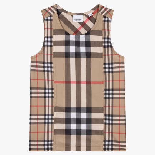 Burberry-قميص بلا أكمام بنقشة مربعات بيج للأولاد المراهقين | Childrensalon Outlet