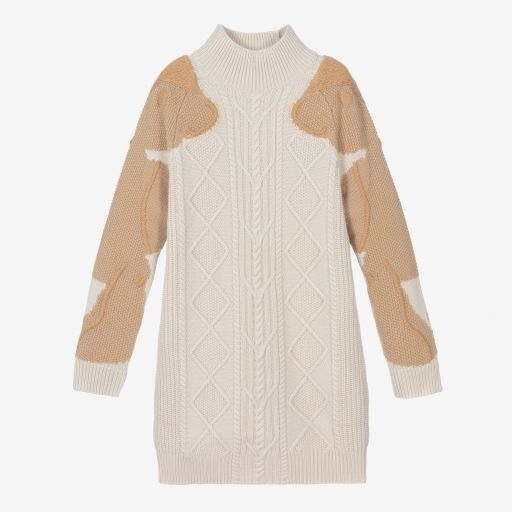 Burberry-فستان تينز صوف وكشمير محبوك لون بيج | Childrensalon Outlet