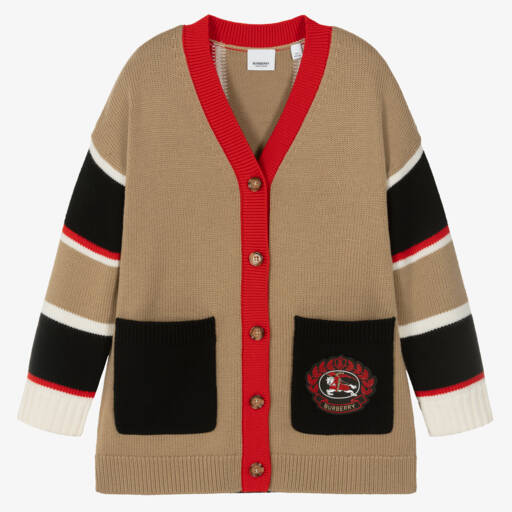 Burberry-Teen Girls Beige Wool Stripe Cardigan | Childrensalon Outlet