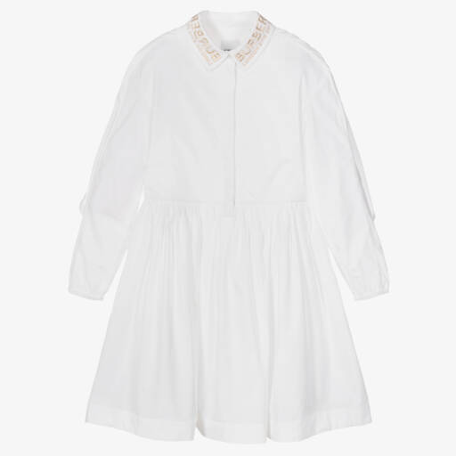 Burberry-فستان بوبلين أبيض أنيق للفتيات المراهقات | Childrensalon Outlet