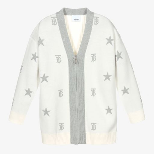 Burberry-كارديغان تينز بناتي صوف لون عاجي ورمادي | Childrensalon Outlet