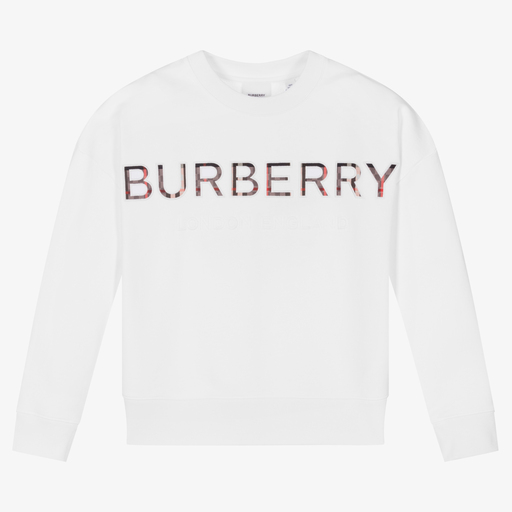 Burberry-سويتشيرت تينز بناتي قطن لون أبيض | Childrensalon Outlet