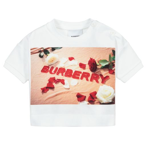 Burberry-تيشيرت بوكسي قطن لون أبيض وأحمر للمولودات | Childrensalon Outlet