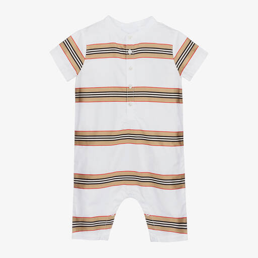 Burberry-White Icon Stripe Romper | Childrensalon Outlet