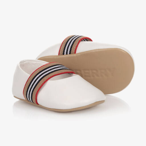 Burberry-White Leather Icon Stripe Baby Shoes | Childrensalon Outlet
