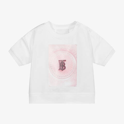 Burberry-Baby-T-Shirt mit Logo in Weiß und Rosa | Childrensalon Outlet