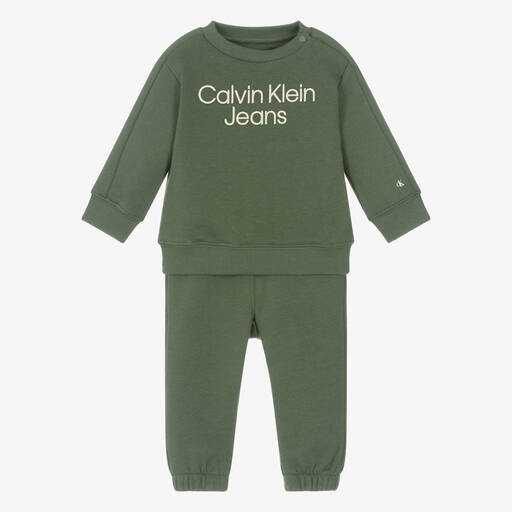 Calvin Klein-Baby Khaki Green Cotton Tracksuit Gift Set | Childrensalon Outlet