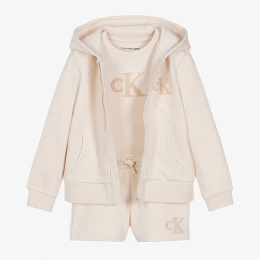 Calvin Klein Jeans-طقم شورت قطن جيرسي لون بيج | Childrensalon Outlet