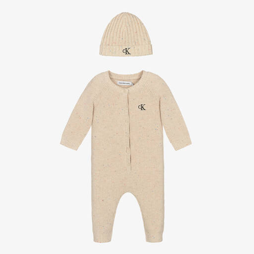 Calvin Klein-طقم أفرول مع قبعة قطن عضوي محبوك لون بيج للأطفال | Childrensalon Outlet