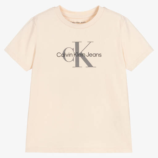 Calvin Klein Jeans-Beige Cotton Monogram Logo T-Shirt | Childrensalon Outlet