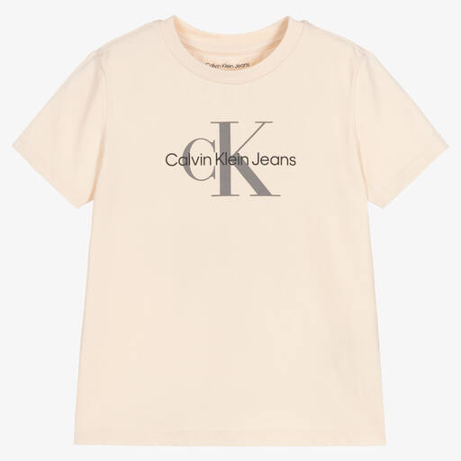 Calvin Klein Джинсы-Бежевая хлопковая футболка с монограммой | Childrensalon Outlet