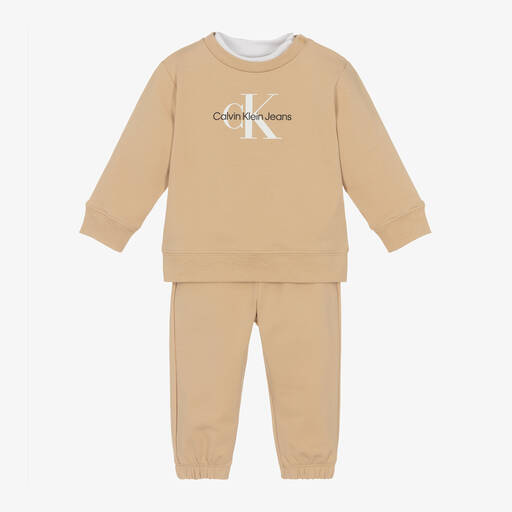 Calvin Klein-بدلة رياضية بطبعة مونوغرام قطن لون بيج للأطفال | Childrensalon Outlet