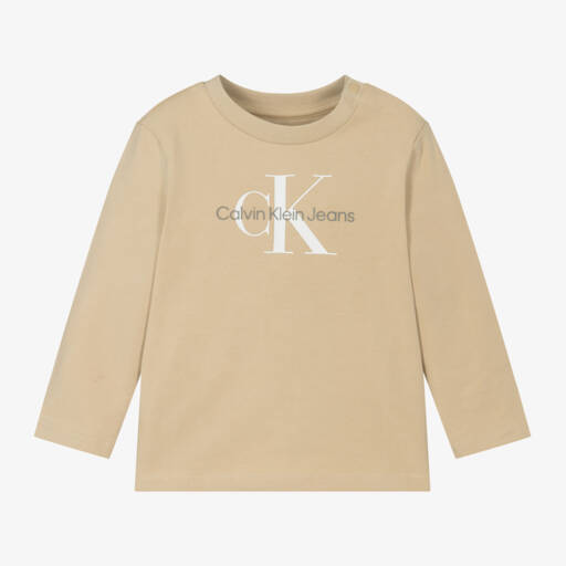 Calvin Klein-Boys Beige Cotton Long Sleeve Top | Childrensalon Outlet