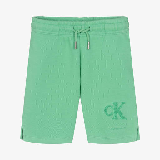 Calvin Klein Jeans-Boys Green Piqué Logo Shorts | Childrensalon Outlet