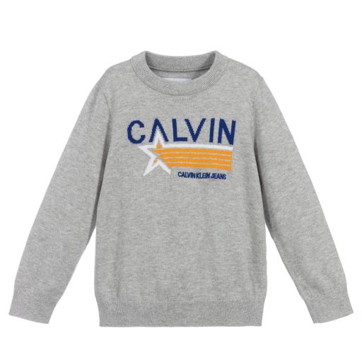 Calvin Klein Jeans-Boys Grey Knitted Logo Sweater | Childrensalon Outlet