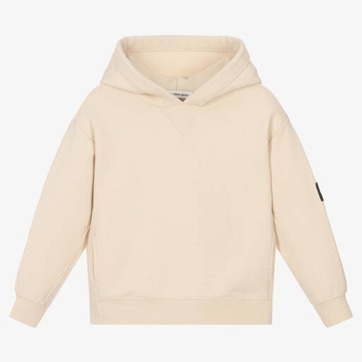 Calvin Klein Jeans-Boys Ivory Ribbed Cotton Logo Hoodie | Childrensalon Outlet