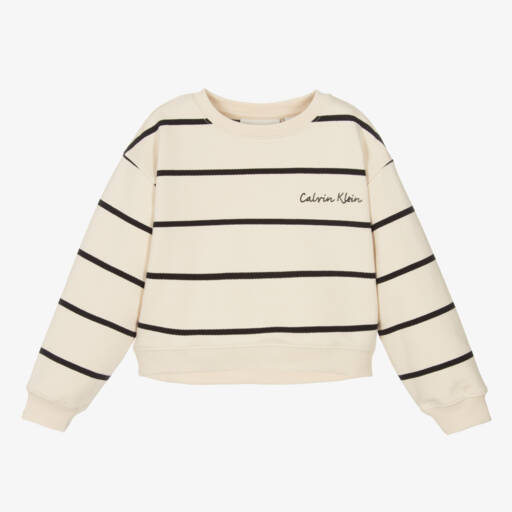 Calvin Klein-بلوزة قطنية مخططة باللون البيج للبنات | Childrensalon Outlet