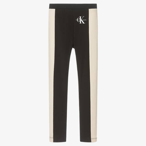 Calvin Klein Jeans-Girls Black & Beige Cotton Logo Leggings | Childrensalon Outlet