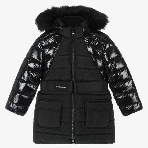 Calvin Klein Jeans-معطف بافر بحزام لون أسود للبنات | Childrensalon Outlet