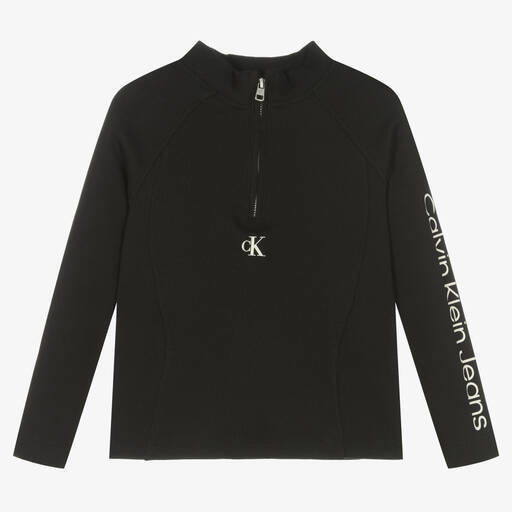Calvin Klein-Girls Black Cotton Half Zip Top | Childrensalon Outlet