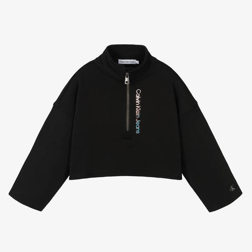 Calvin Klein Jeans-Girls Black Cotton Logo Zip-Up Top | Childrensalon Outlet