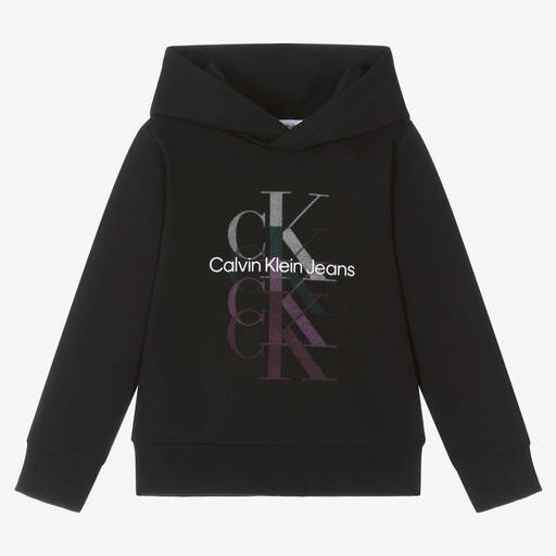 Calvin Klein-توب هودي بطبعة مونوغرام قطن لون أسود للبنات | Childrensalon Outlet