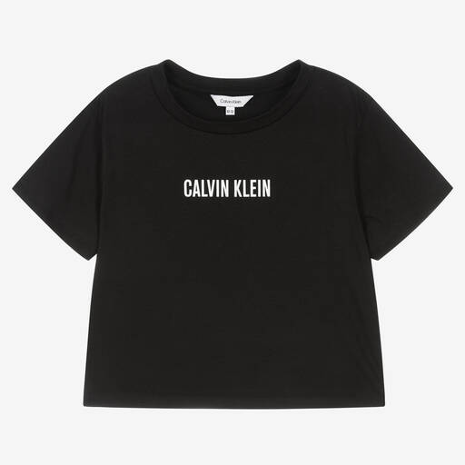 Calvin Klein-Girls Black Cropped Cotton Logo T-Shirt | Childrensalon Outlet