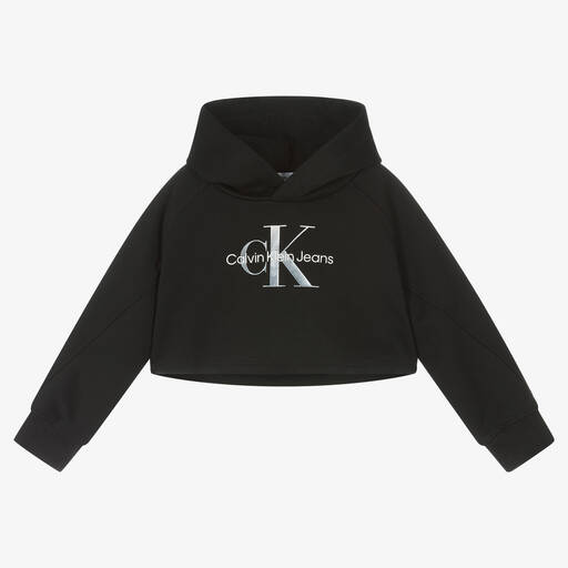 Calvin Klein Jeans-Girls Black Logo Cropped Hoodie | Childrensalon Outlet
