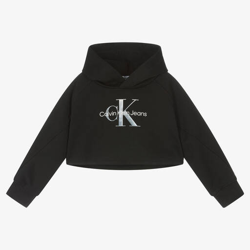 Calvin Klein Jeans-Girls Black Logo Cropped Hoodie | Childrensalon Outlet