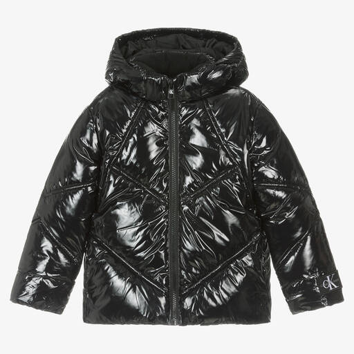 Calvin Klein-Girls Black Shiny Hooded Puffer Jacket | Childrensalon Outlet