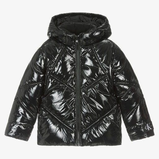 Calvin Klein-Schwarze glänzende Kapuzenjacke | Childrensalon Outlet